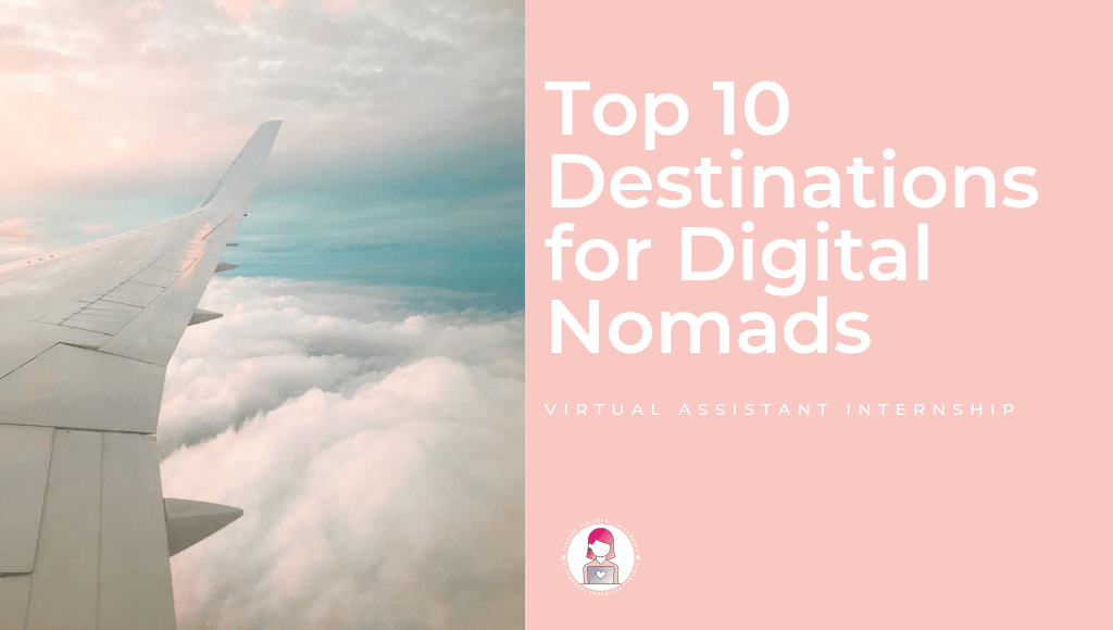 An image of a airplane wing flying over clouds with the title "Top 10 destinations for Digital Nomads