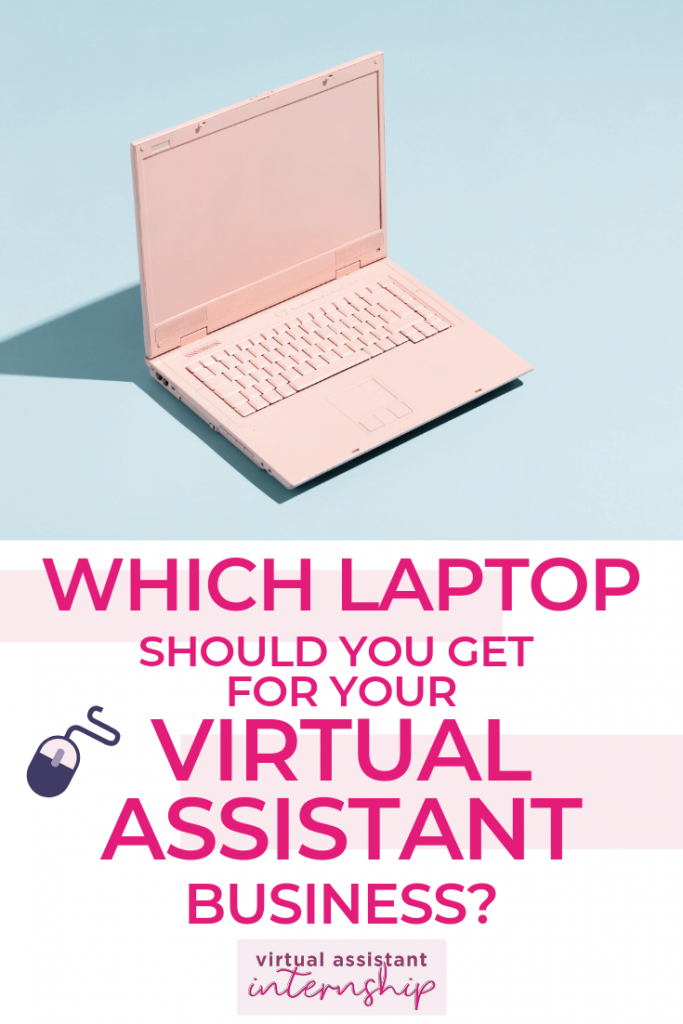 Pink laptop with the caption "which laptop should you get for your virtual assistant business?"