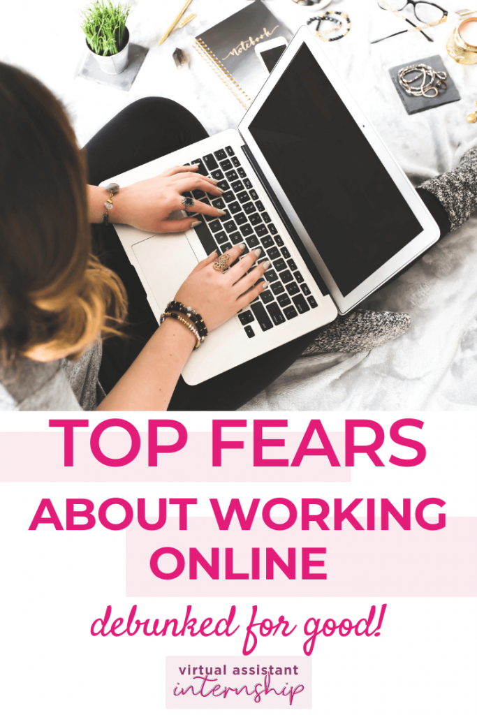 Image of a woman working on a laptop with the title "Top fears about working online, debunked for good!"