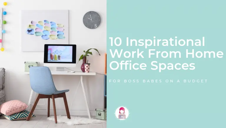 A office decorated in pastel hues with the blog title "10 inspirational work from home office spaces for boss babes on a budget