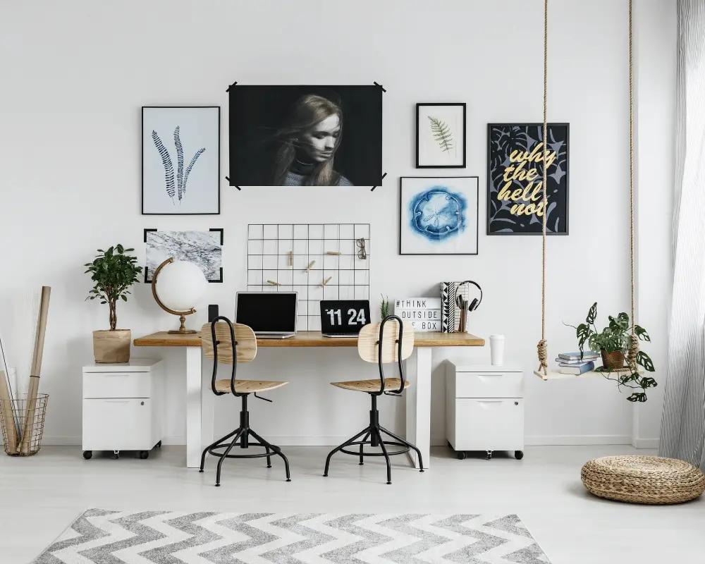 An image of an office decorated in blue and gold