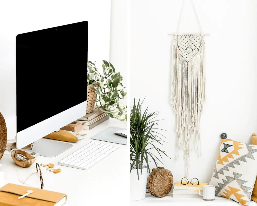 A home office decorated in yellow, grey and white
