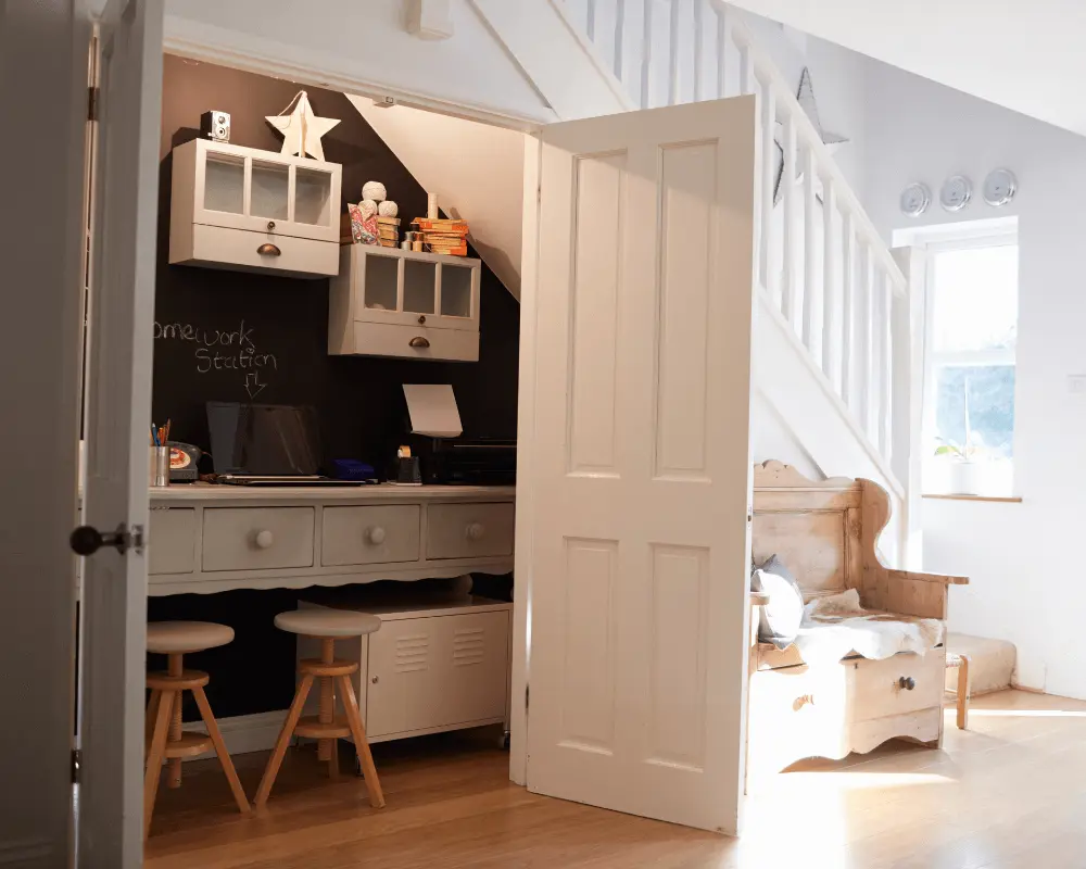 An cupboard under the staircase that has been turned into an office space